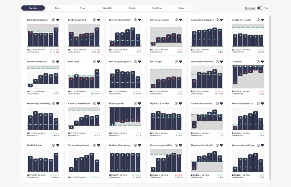 CANEI.pro Kennzahlen-Dashboard mit Ampel-Indikatoren und Benchmark-Vergleich